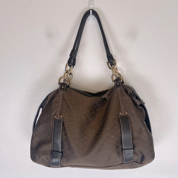 Etienne Aigner Shoulder Bag Brown Double Strap Fabric Leather Trim Gold Metal - Picture 1 of 9
